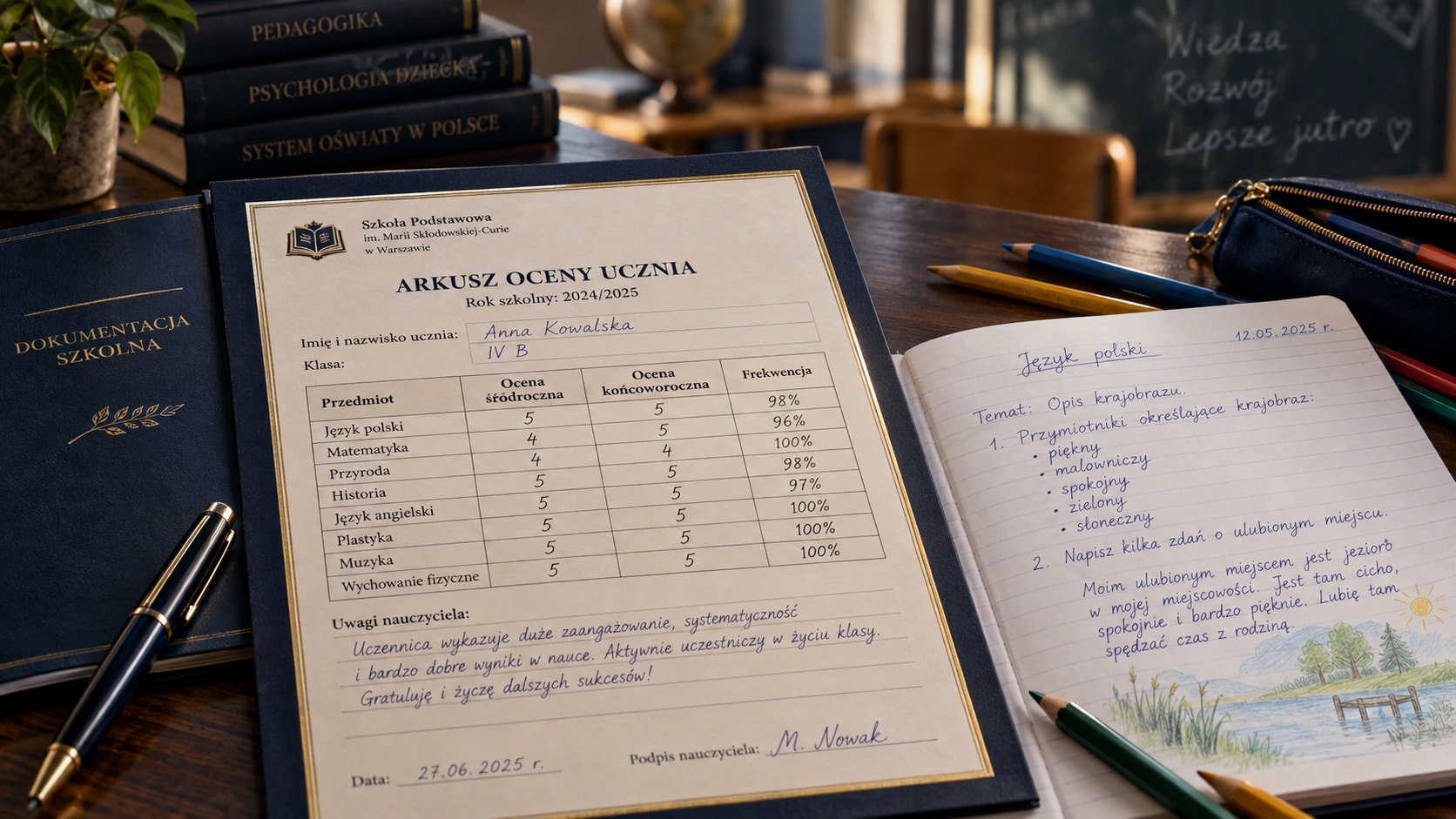 Orzeczenie poradni psychologiczno-pedagogicznej i zeszyt ucznia na biurku — kształcenie specjalne