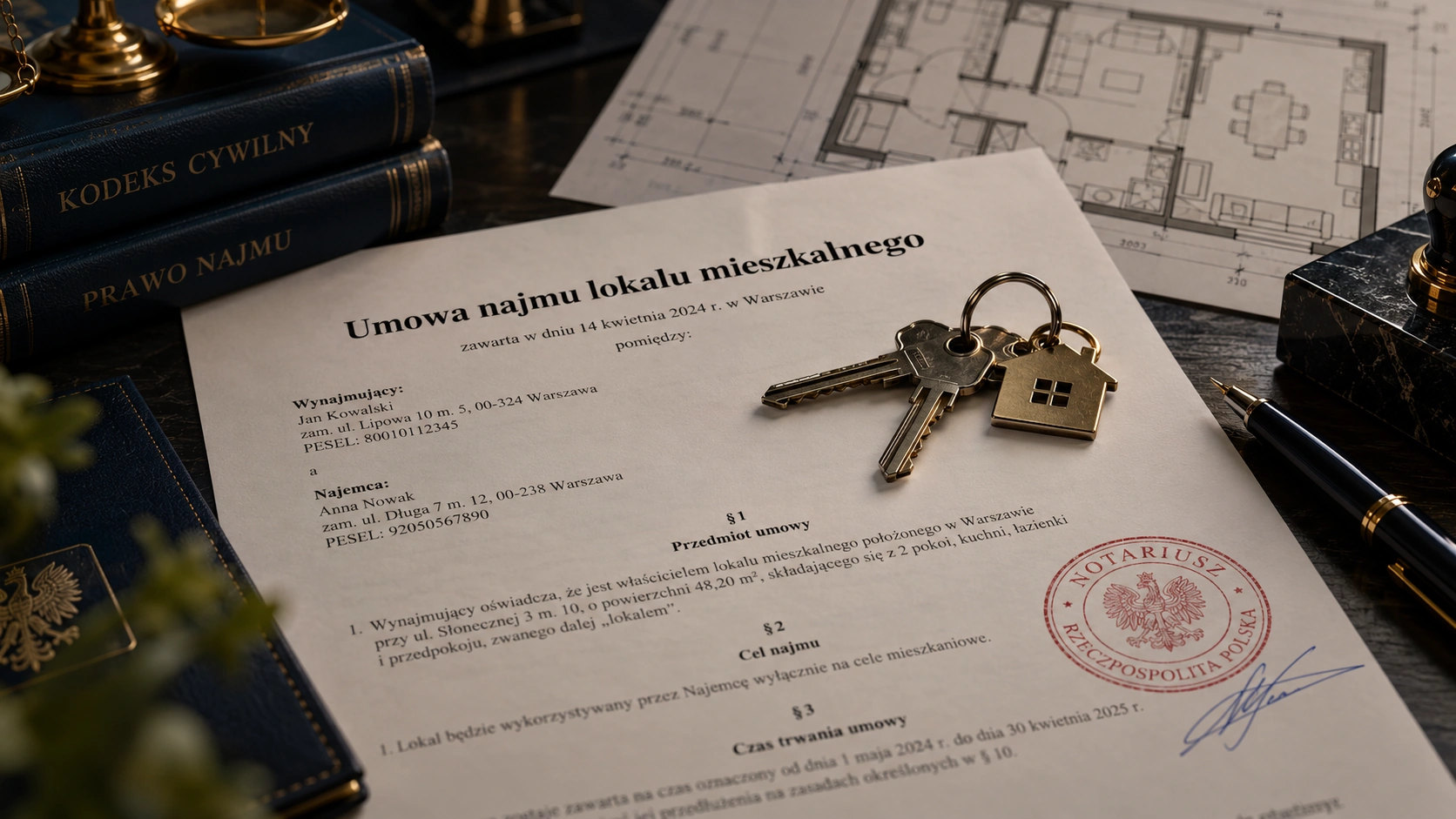 Umowa najmu mieszkania i klucze na drewnianym stole — najem okazjonalny lokalu