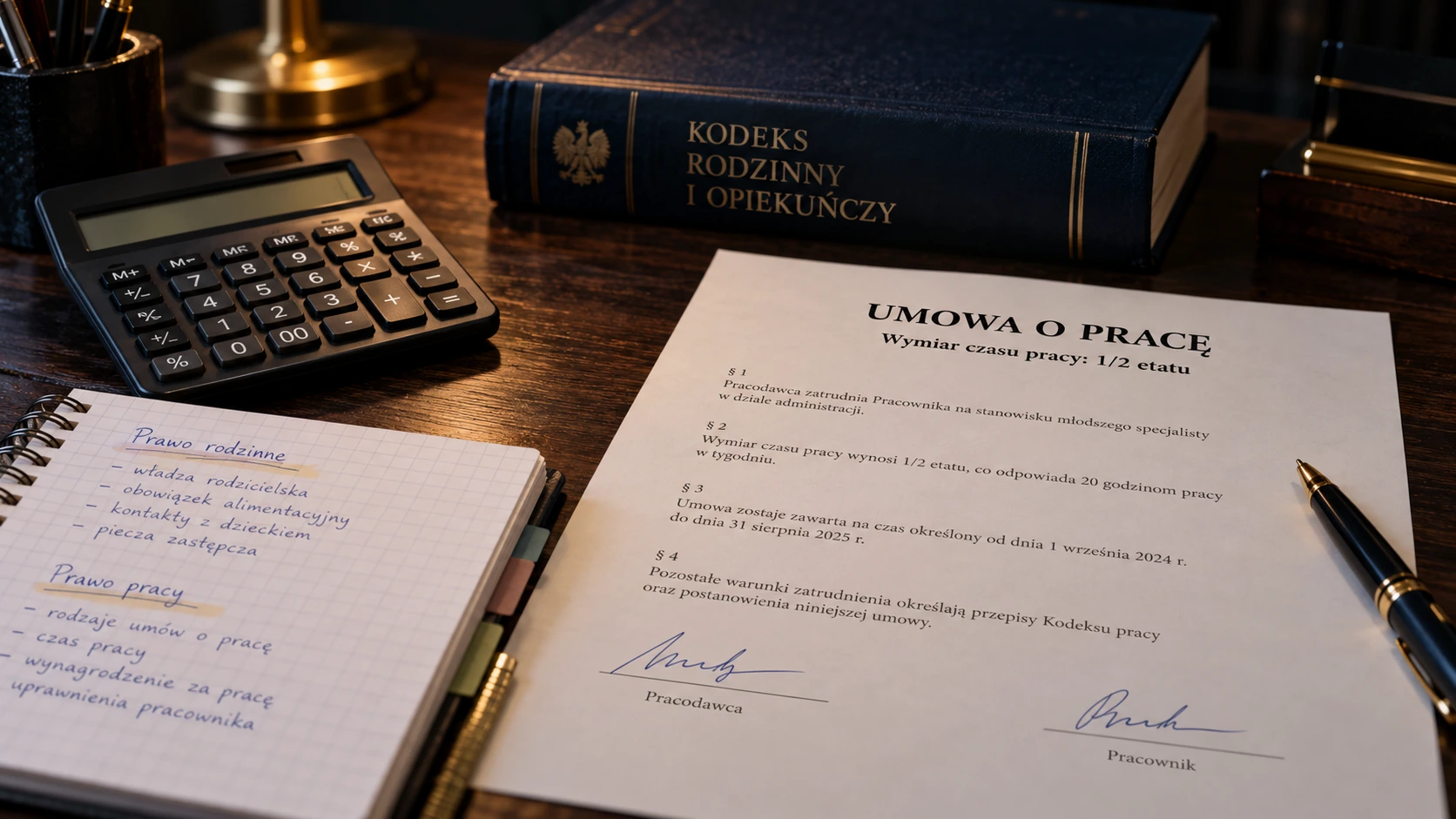 Kalkulator, umowa o pracę i notatki studenta na biurku — praca pełnoletniego dziecka a alimenty